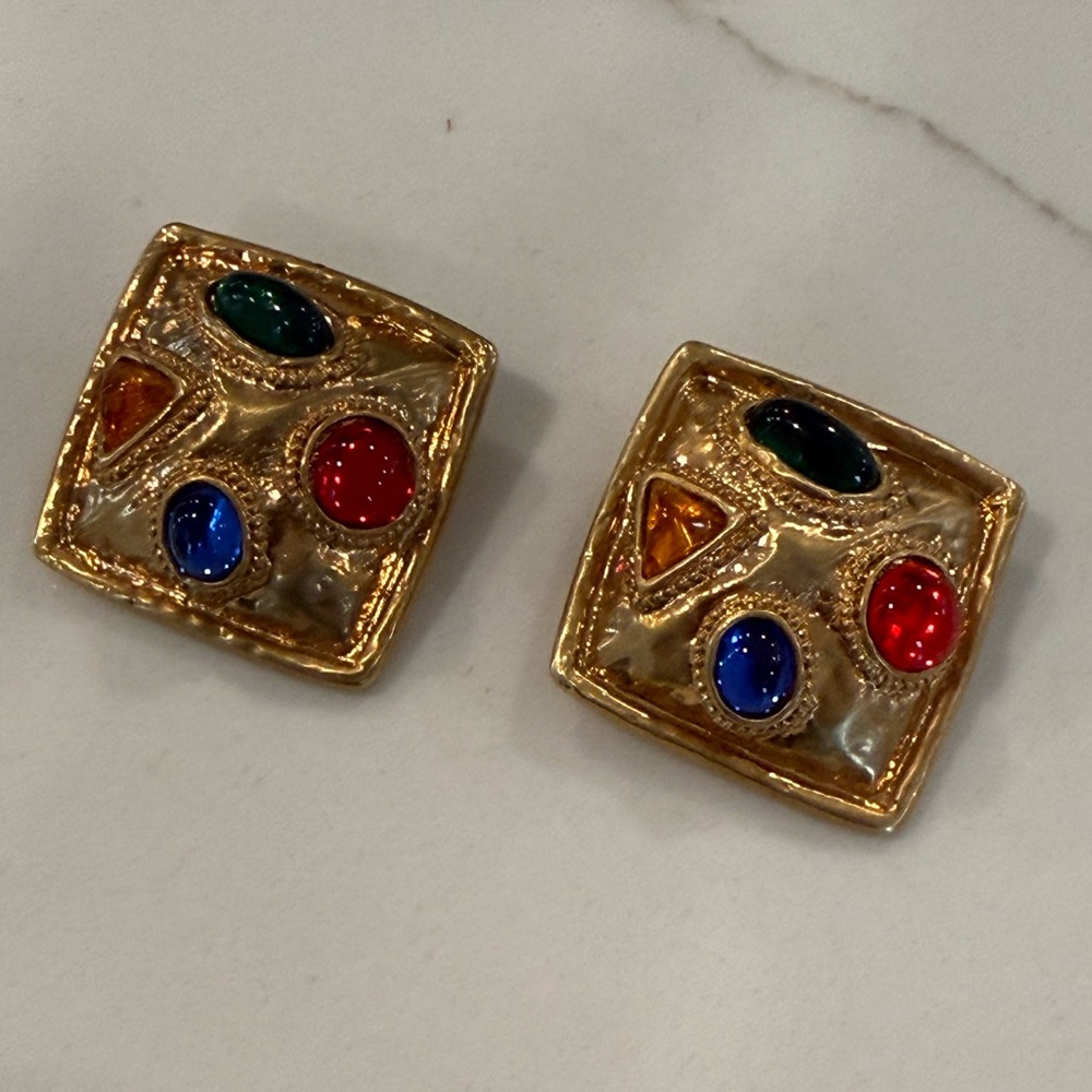 Les Bernard Gold Tone Clip On Earrings with Red, Blue, Green & Yellow Cabochon